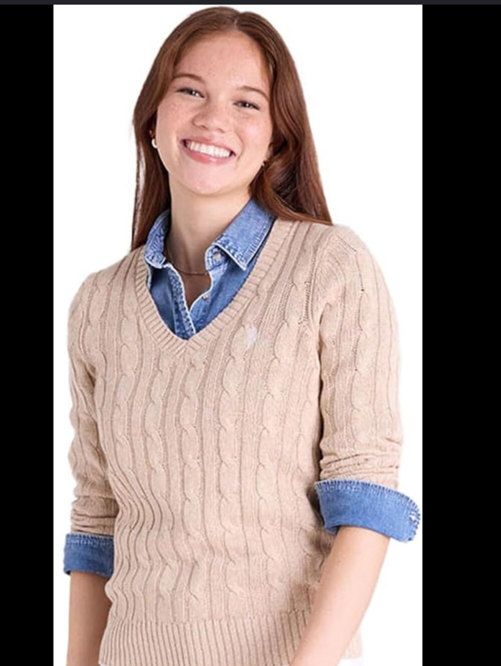 Polo Ralph Lauren Women's Tan Cable Knit V-Neck Cotton Sweater Small #45
